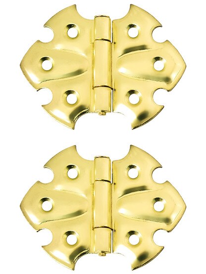 Pair of Ornamental Flush Mount Cabinet Hinges - 1 7/8 inch H x 2 1/2 inch W in Polished Brass.